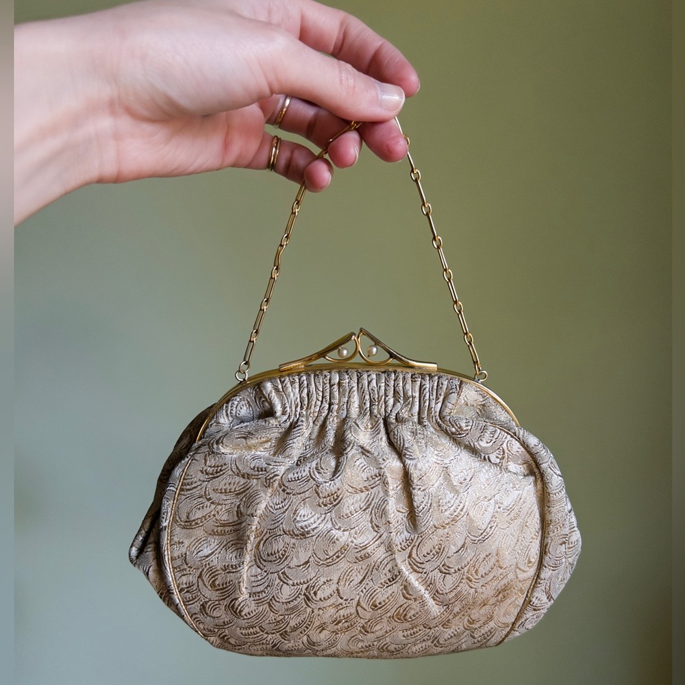 Antique Evening Bag, True Vintage Formal Purse, Small Metallic Fabric Purse